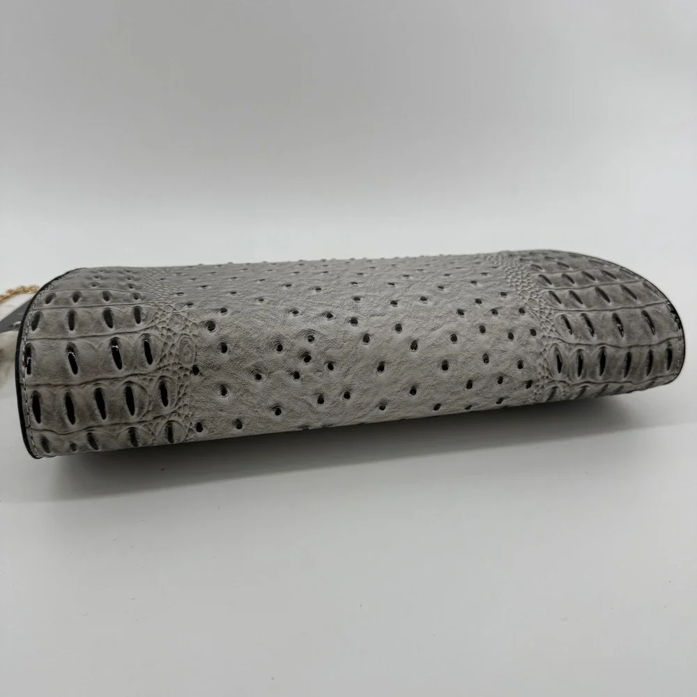 Le Miel Vegan Leather Ostrich Croc Embossed Frame Clutch Crystal Clasp Gray NWT